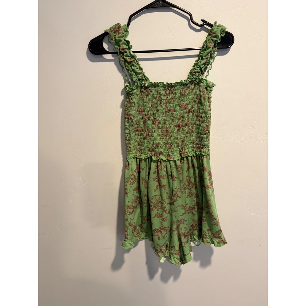 Urban Outfitters Green Floral Smocked Ruffle Romper Fairy Toile Print Small